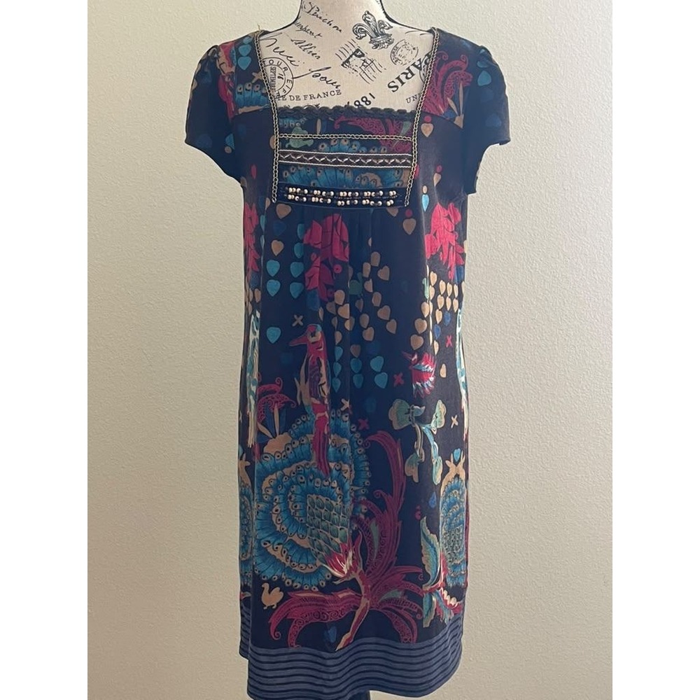 Quintessential Women XL Shift Dress Black Red Bird Floral Beaded Chain QU90KNV
